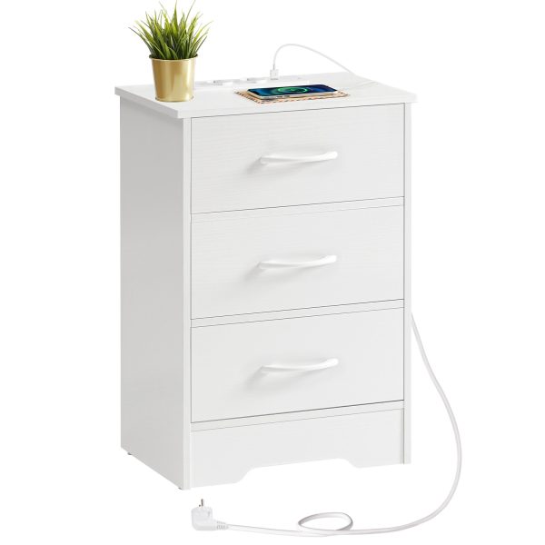 Sengbord med opladningsstation, Slim Side Table with 3 Ikke-vævede stofskuffer, Sofa Sidebord Udstyret med 2 Stikkontakter, 1 USB-A og 1 Type-C-port, Velegnet til stue og soveværelse, Hvid