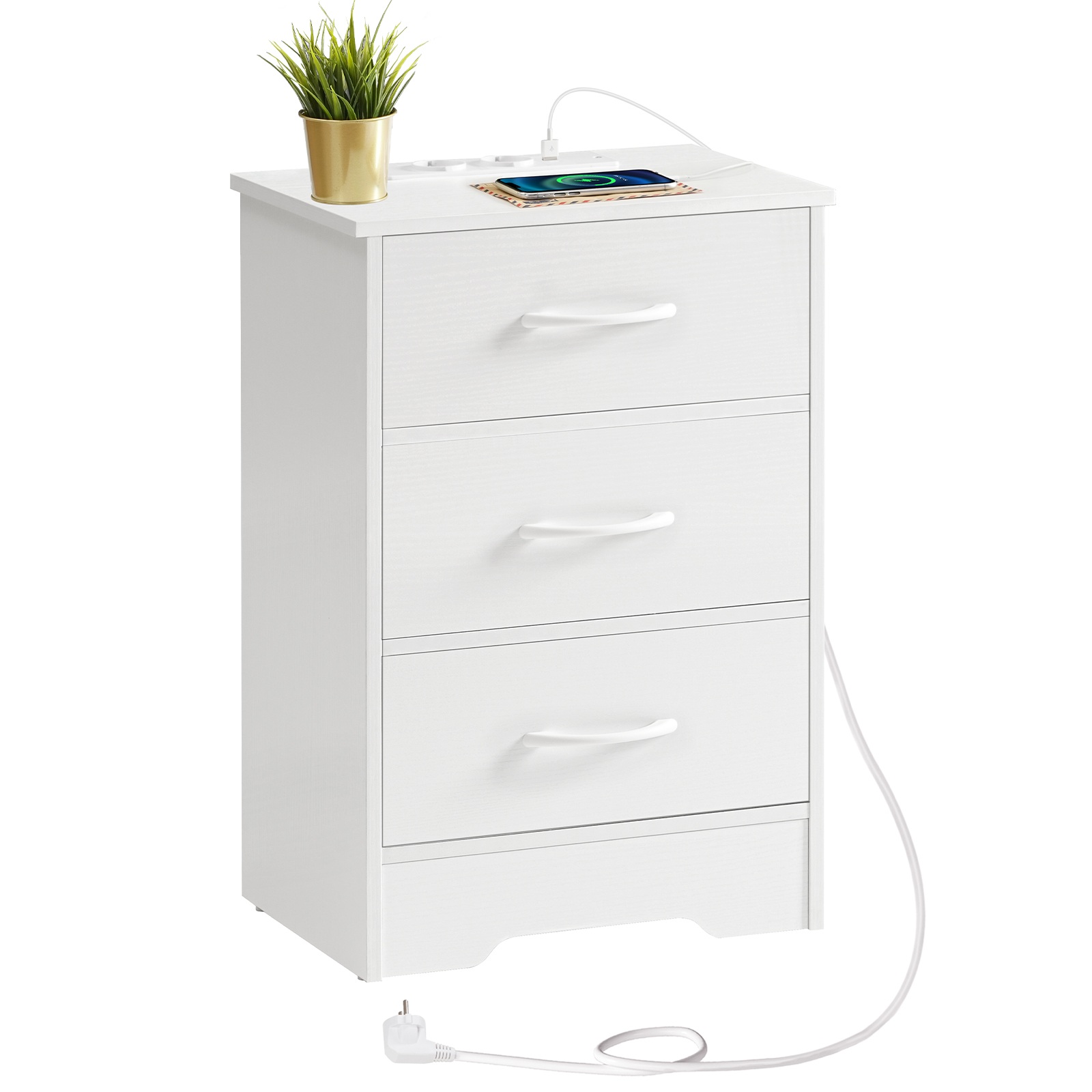 Bedside Table with Charging Station, Slim Side Table with 3 Non-Woven Fabric Drawers, Sofa Side Table Equipped with 2 Sockets, 1 USB-A and 1 Type-C Port, Suitable for Living Room and Bedroom, White