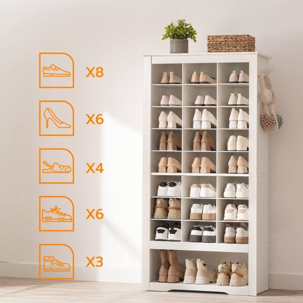 9-Tier White High Shoe Cabinet, Frittstående oppbevaringsorganer for tresko med 24 Kubber og 3 Sidekroker, Egnet for inngangsparti, Skap & Stue