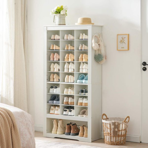 9-Tier White High Shoe Cabinet, Frittstående oppbevaringsorganer for tresko med 24 Kubber og 3 Sidekroker, Egnet for inngangsparti, Skap & Stue