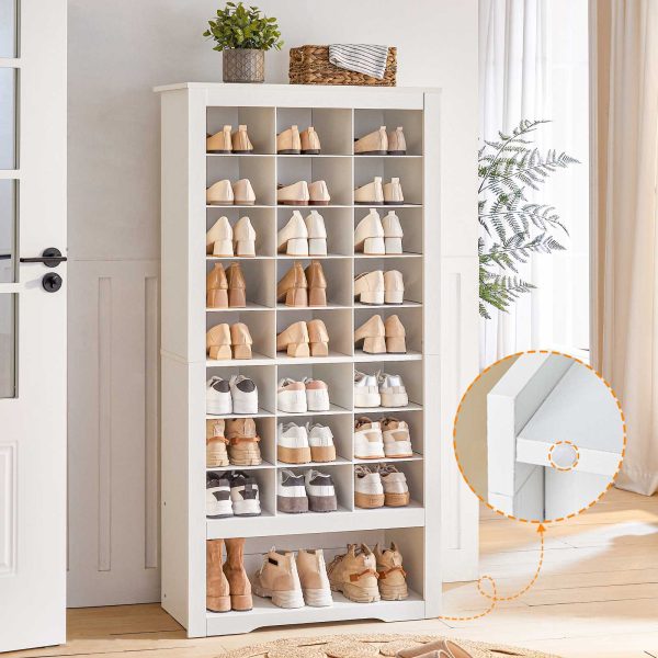 9-Tier White High Shoe Cabinet, Frittstående oppbevaringsorganer for tresko med 24 Kubber og 3 Sidekroker, Egnet for inngangsparti, Skap & Stue