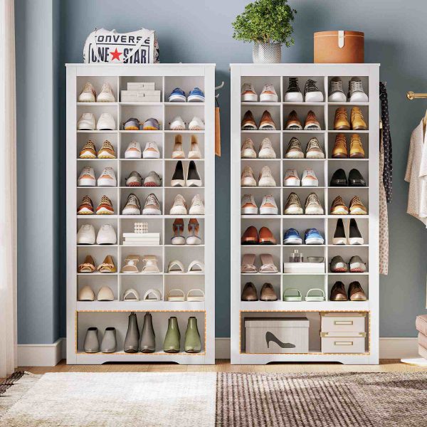 9-Tier White High Shoe Cabinet, Frittstående oppbevaringsorganer for tresko med 24 Kubber og 3 Sidekroker, Egnet for inngangsparti, Skap & Stue