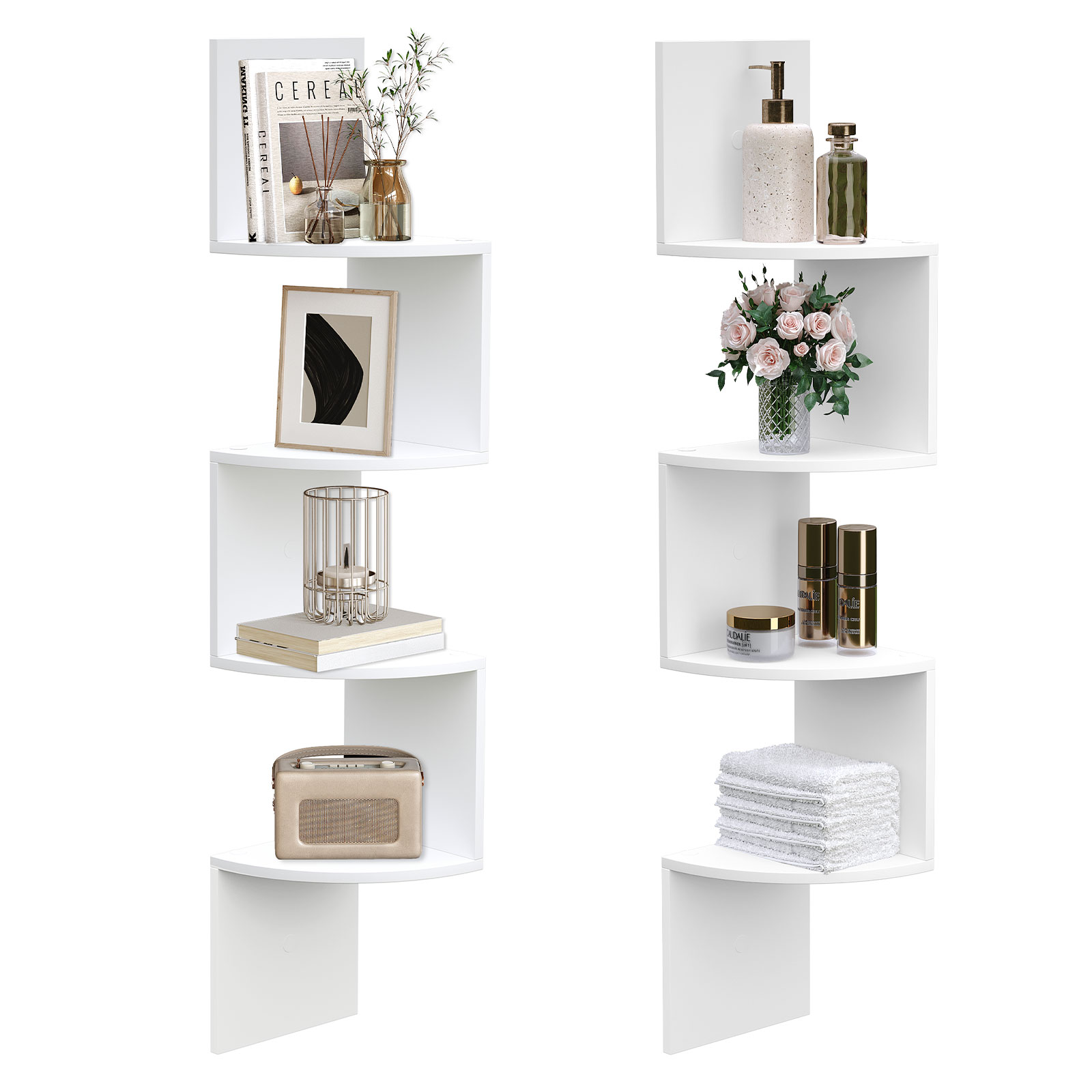 Corner Shelf Wall-Mounted, Set of 2 Floating Corner Shelves, 4-Tier Corner Storage Shelves for Living Room, Bedroom, Bathroom, Home Office, White
