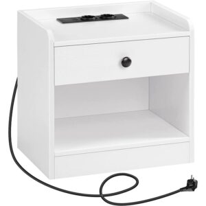 white one drawer nightstand, bedside table with charging station and open compartments, usb ports and sockets, storage shelf, side table for bedroom, living room, white