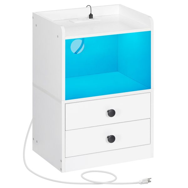 Modern LED Nightstand with Charging Function, White 2-Drawer Bedside Cabinet with USB Ports, Multifunctional End Table for Bedroom and Living Room