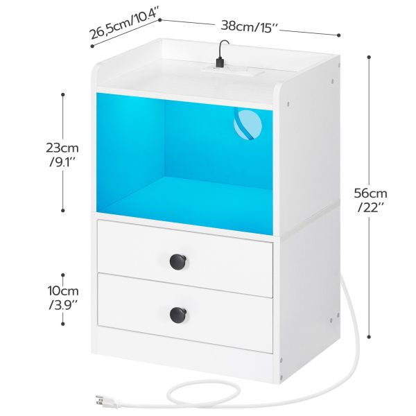 Modern LED Nightstand with Charging Function, White 2-Drawer Bedside Cabinet with USB Ports, Multifunctional End Table for Bedroom and Living Room