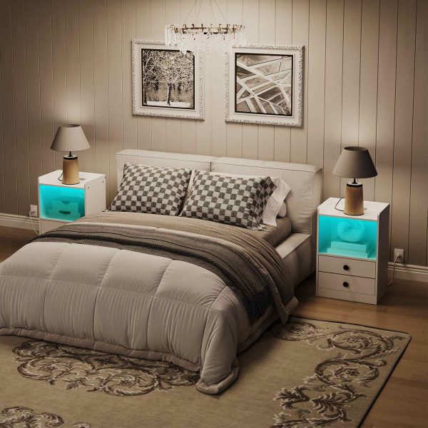 Modern LED Nightstand with Charging Function, White 2-Drawer Bedside Cabinet with USB Ports, Multifunctional End Table for Bedroom and Living Room