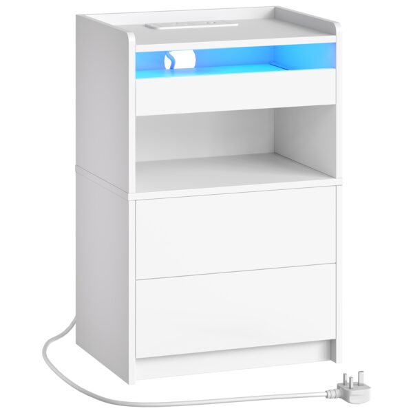Wit nachtkastje met laadstation, Eindtafel met 20-kleuren LED-lichten, Nachtkastje met 1 AC -uitlaat, 2 USB-poorten, 3 Laden voor slaapkamer, Woonkamer, Studie, Thuiskantoor