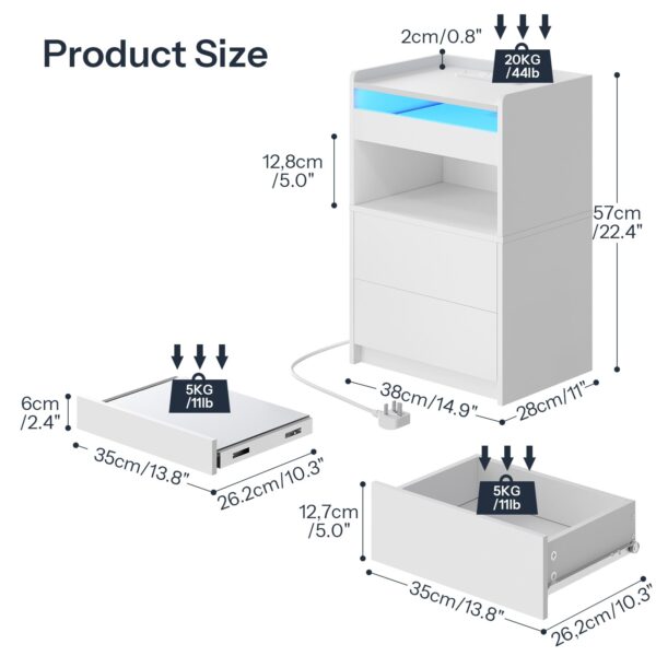 Wit nachtkastje met laadstation, Eindtafel met 20-kleuren LED-lichten, Nachtkastje met 1 AC -uitlaat, 2 USB-poorten, 3 Laden voor slaapkamer, Woonkamer, Studie, Thuiskantoor