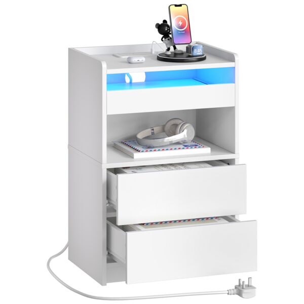 Wit nachtkastje met laadstation, Eindtafel met 20-kleuren LED-lichten, Nachtkastje met 1 AC -uitlaat, 2 USB-poorten, 3 Laden voor slaapkamer, Woonkamer, Studie, Thuiskantoor