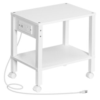 Soporte de impresora de 2 niveles blancos con estación de carga, Debajo de la mesa de impresora de escritorio, Carrito de impresora con estantes de almacenamiento, Estante para impresora para espacios pequeños, para oficina en casa