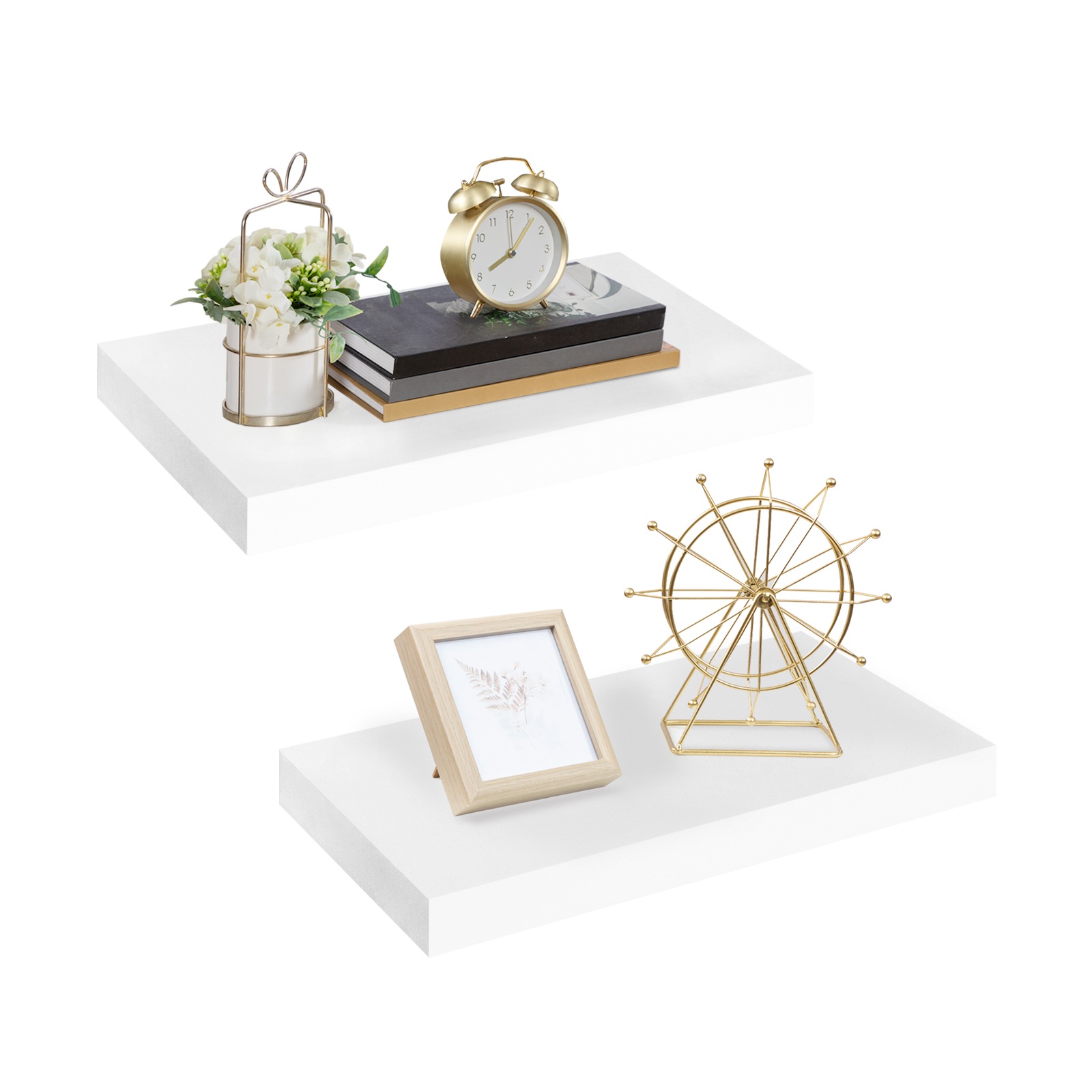 Set of 2 Floating Wall Shelves, Sturdy Wall-Mounted Boards with Invisible Brackets, Suitable for Bathroom, Bedroom, Toilet, Kitchen, Office and Living Room, White