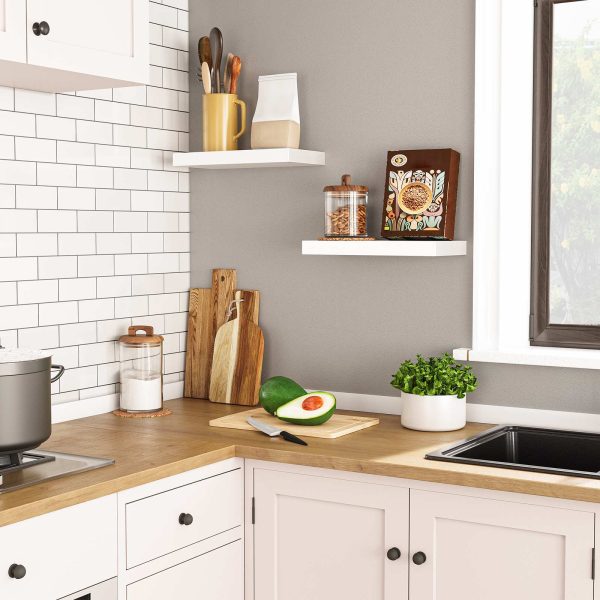 Набор 2 Плавающие настенные полки, Прочные настенные доски с невидимыми кронштейнами, Подходит для ванной комнаты, Спальня, Туалет, Кухня, Офис и гостиная, Белый