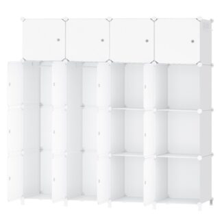 Modularer Kleiderschrank, 16 Würfel-Kleiderschrank aus Kunststoff mit Türen, Tragbarer Kleiderschrank mit 2 Hängestangen, Platzsparend für das Wohnzimmer, Schlafzimmer, Eingang, Weiß