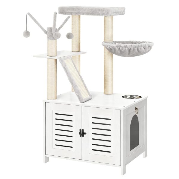 White Wooden Cat Tree with Litter Box Enclosure, 111.8cm Tall Cat Tower with Scratching Posts, Hammock & Hidden Litter Box Furniture, All-in-One Indoor Cat Condo