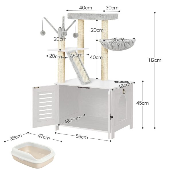 White Wooden Cat Tree with Litter Box Enclosure, 111.8cm Tall Cat Tower with Scratching Posts, Hammock & Hidden Litter Box Furniture, All-in-One Indoor Cat Condo