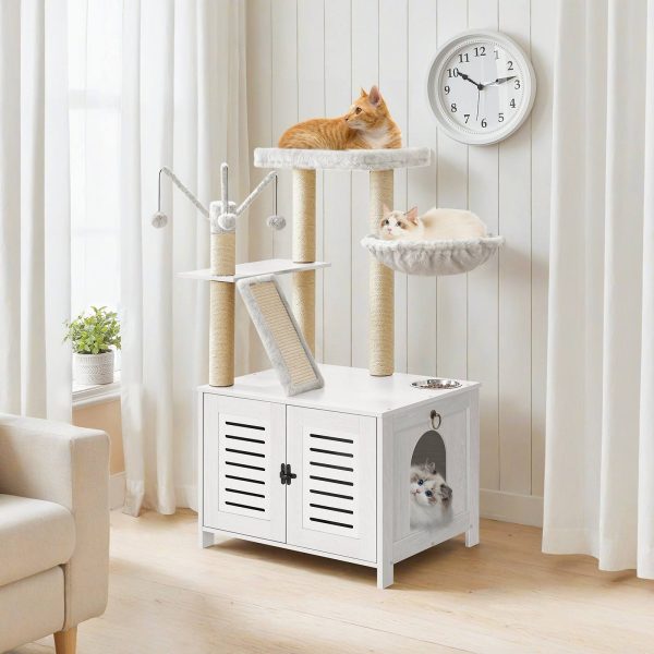 White Wooden Cat Tree with Litter Box Enclosure, 111.8cm Tall Cat Tower with Scratching Posts, Hammock & Hidden Litter Box Furniture, All-in-One Indoor Cat Condo