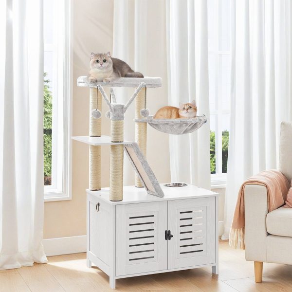 White Wooden Cat Tree with Litter Box Enclosure, 111.8cm Tall Cat Tower with Scratching Posts, Hammock & Hidden Litter Box Furniture, All-in-One Indoor Cat Condo