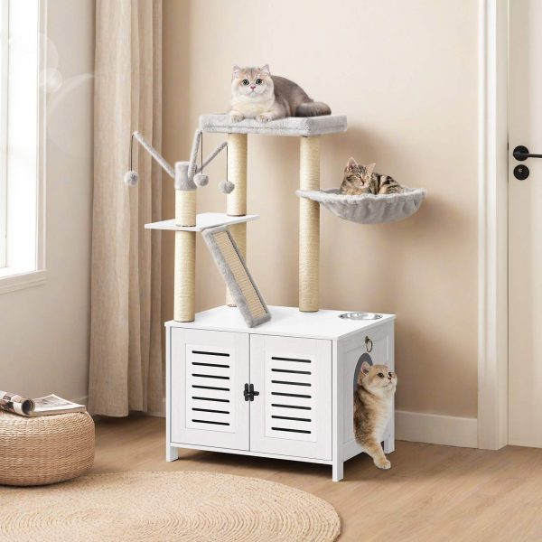 White Wooden Cat Tree with Litter Box Enclosure, 111.8cm Tall Cat Tower with Scratching Posts, Hammock & Hidden Litter Box Furniture, All-in-One Indoor Cat Condo