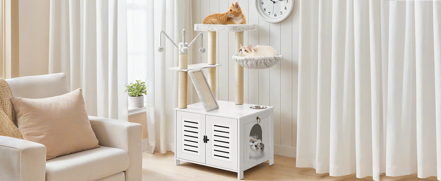 White Wooden Cat Tree with Litter Box Enclosure, 111.8cm Tall Cat Tower with Scratching Posts, Hammock & Hidden Litter Box Furniture, All-in-One Indoor Cat Condo