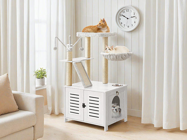 White Wooden Cat Tree with Litter Box Enclosure, 111.8cm Tall Cat Tower with Scratching Posts, Hammock & Hidden Litter Box Furniture, All-in-One Indoor Cat Condo