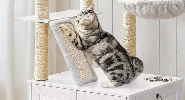 White Wooden Cat Tree with Litter Box Enclosure, 111.8cm Tall Cat Tower with Scratching Posts, Hammock & Hidden Litter Box Furniture, All-in-One Indoor Cat Condo