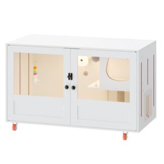 Meubles à litière de gros bac à litière cachés blancs avec LED et roues rechargeables en 3 couleurs, Boîtier à litière pour chats mobiles avec jouets pour chat, Boules de teaser et poteaux de sisal