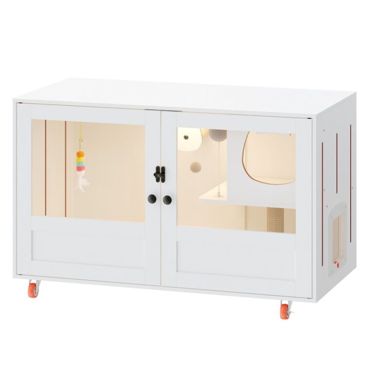 Wit rollend grote verborgen kattenbakmeubels met oplaadbare 3-kleuren LED en wielen, Beweegbare kattenbakkastbehuizing met kattenspeelgoed, Teaser -ballen en sisal -posten