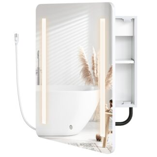 Biała szafka na leki z lustrem i światłami, Szafka na ścianie z przechowywaniem, Oświetlona szafka na leki ze światłami LED, Regulowana półka, Stacja ładująca, 2 Gniazdka elektryczne