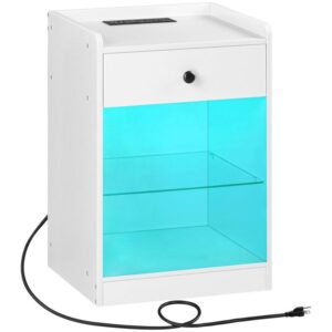 nightstand with charging station and led lights, side table with drawer and storage shelf, end table with usb ports and outlets, for small space, bedroom, white