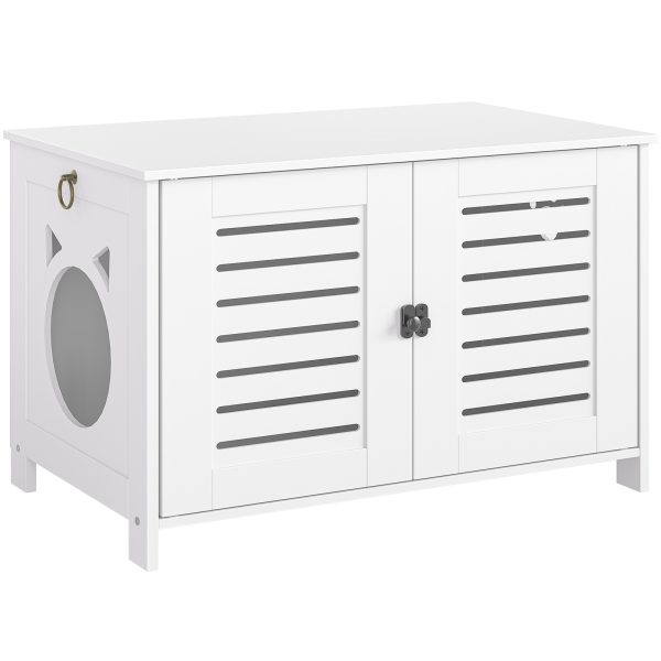 Enceinte de bac à litière pour chat en bois moderne, Toilettes pour chat cachées blanches avec portes doubles, Armoire à litière respirante, Banc de rangement multifonctionnel pour meubles pour animaux de compagnie, pour salon et salle de bain