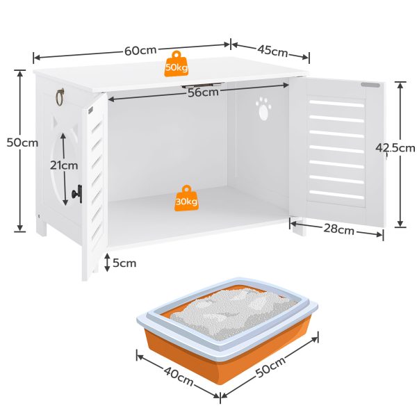 Enceinte de bac à litière pour chat en bois moderne, Toilettes pour chat cachées blanches avec portes doubles, Armoire à litière respirante, Banc de rangement multifonctionnel pour meubles pour animaux de compagnie, pour salon et salle de bain