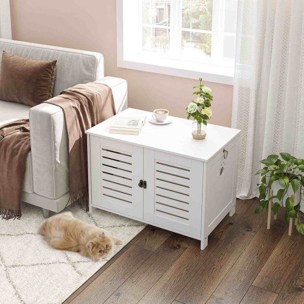 Enceinte de bac à litière pour chat en bois moderne, Toilettes pour chat cachées blanches avec portes doubles, Armoire à litière respirante, Banc de rangement multifonctionnel pour meubles pour animaux de compagnie, pour salon et salle de bain