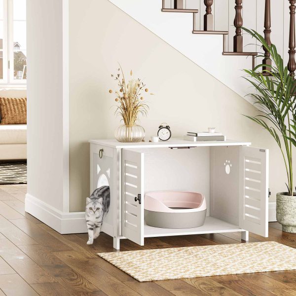 Enceinte de bac à litière pour chat en bois moderne, Toilettes pour chat cachées blanches avec portes doubles, Armoire à litière respirante, Banc de rangement multifonctionnel pour meubles pour animaux de compagnie, pour salon et salle de bain