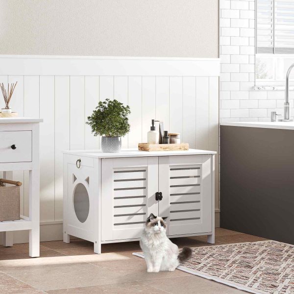 Enceinte de bac à litière pour chat en bois moderne, Toilettes pour chat cachées blanches avec portes doubles, Armoire à litière respirante, Banc de rangement multifonctionnel pour meubles pour animaux de compagnie, pour salon et salle de bain