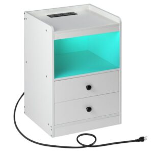 End Table with Charging Station and LED Lights, Nightstand with Drawers and Storage Shelf, Side Table with USB Ports and Outlets, for Small Space, Bedroom, White