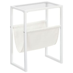 ultra slim side table, tempered glass end table with fabric magazine sling, small coffee accent table, bedside table for small space, bedroom, living room, modern style, white