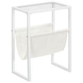 ultra slim side table, tempered glass end table with fabric magazine sling, small coffee accent table, bedside table for small space, bedroom, living room, modern style, white