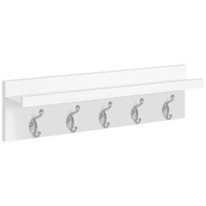 wall coat rack with shelf, hallway coat rack with 5 hooks, wall shelf with fence, 70 x 15 x 20 cm, bamboo, for hallway, bedroom, living room, bathroom, white