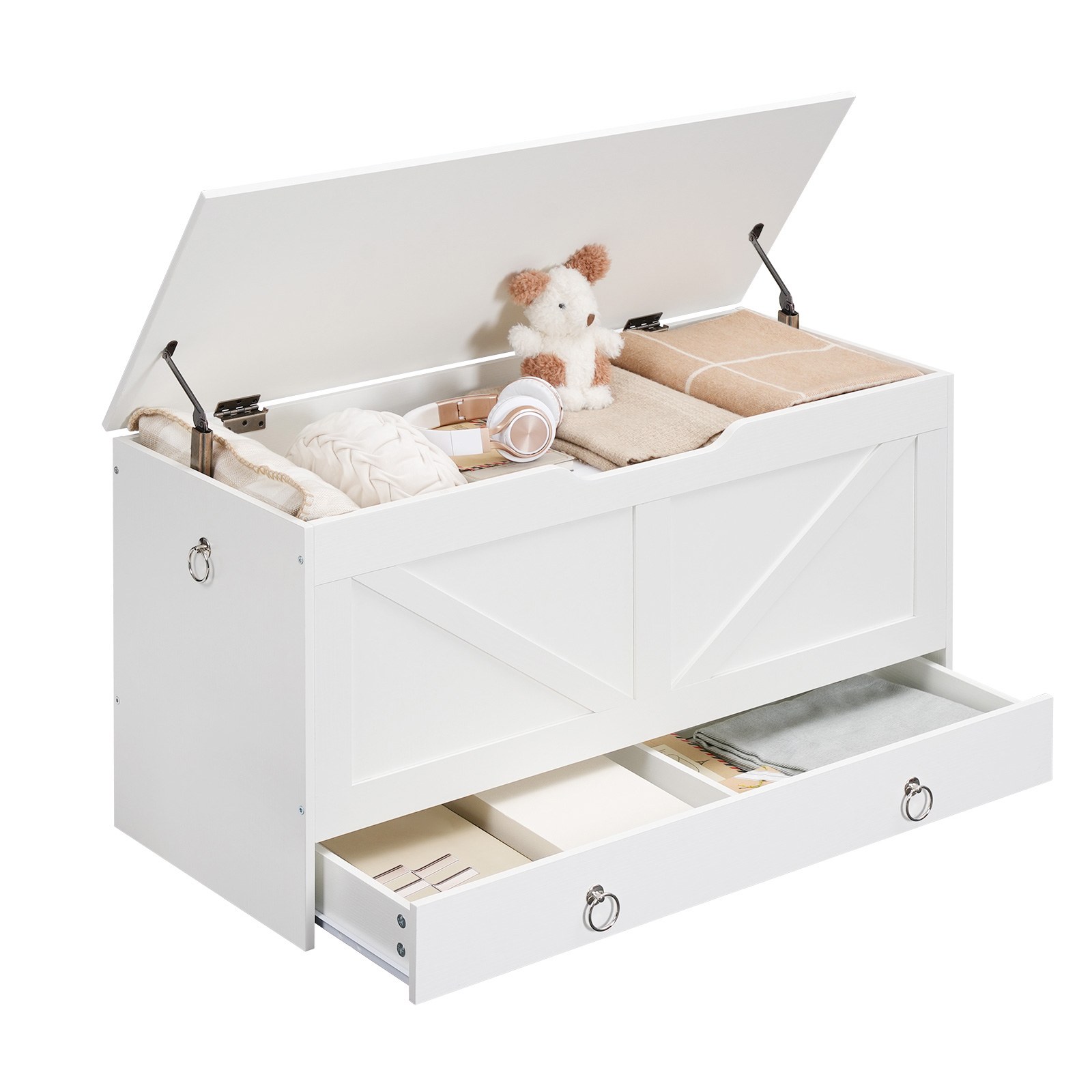 Coffre de rangement HOOBRO, 39.3" Coffre jouet avec tiroir, Banc de rangement en bois, Supports de banc d'entrée robustes 220 kg, Banc à chaussures, Charnière de sécurité, Ouverture en forme de U, Assemblage facile, Blanc
