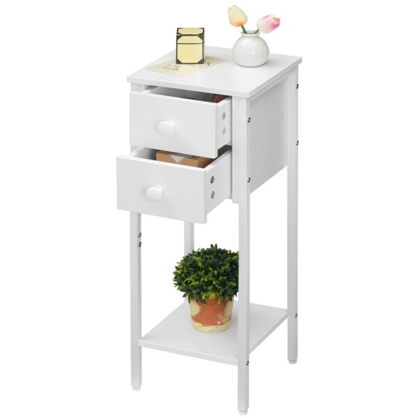 مجموعة طاولة السرير من 2, طاولة سرير ضيقة, طاولة جانبية بيضاء مع 2 أدراج, طاولة صغيرة بجانب السرير مع إطار معدني, فتح الرف, منضدة نحيفة للمساحات الصغيرة, أبيض