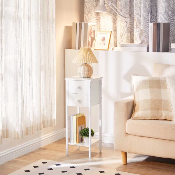 مجموعة طاولة السرير من 2, طاولة سرير ضيقة, طاولة جانبية بيضاء مع 2 أدراج, طاولة صغيرة بجانب السرير مع إطار معدني, فتح الرف, منضدة نحيفة للمساحات الصغيرة, أبيض