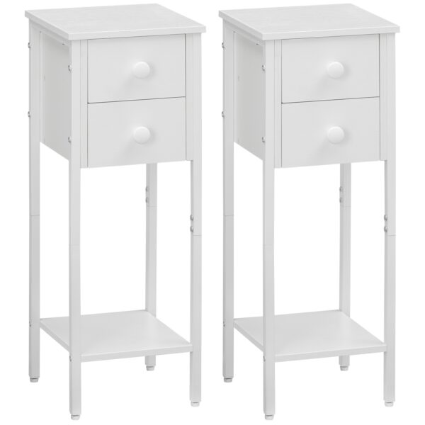 مجموعة طاولة السرير من 2, طاولة سرير ضيقة, طاولة جانبية بيضاء مع 2 أدراج, طاولة صغيرة بجانب السرير مع إطار معدني, فتح الرف, منضدة نحيفة للمساحات الصغيرة, أبيض