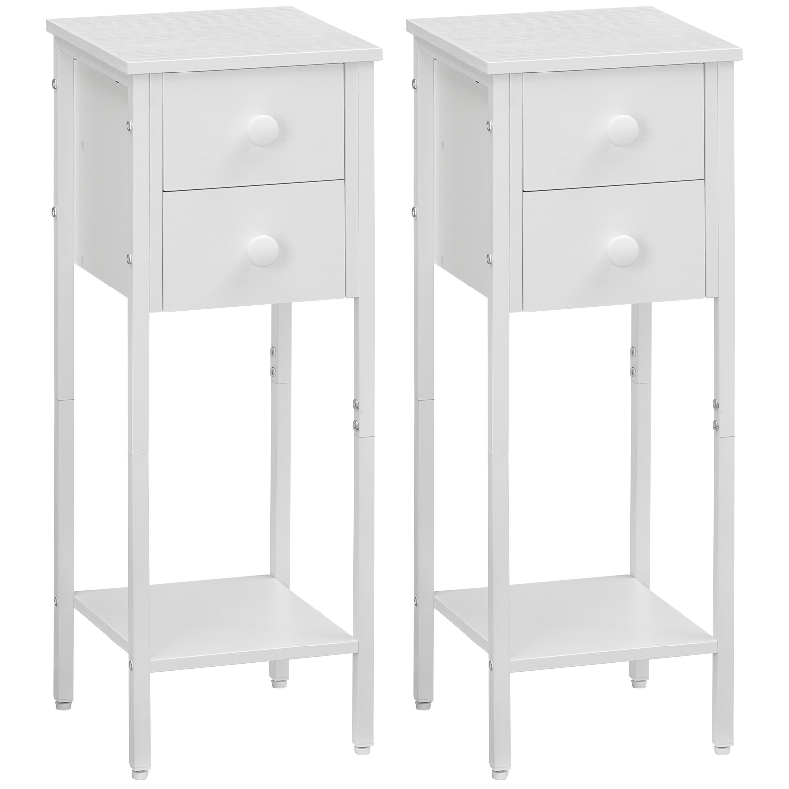 مجموعة طاولة السرير من 2, طاولة سرير ضيقة, طاولة جانبية بيضاء مع 2 أدراج, طاولة صغيرة بجانب السرير مع إطار معدني, فتح الرف, منضدة نحيفة للمساحات الصغيرة, أبيض