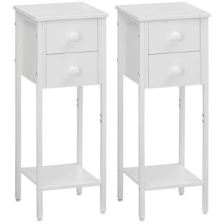 Набір столу для ліжка 2, вузький стіл для ліжка, Білий бічний стіл з 2 ящики, невеликий стіл для ліжка з металевою рамою, відкрита полиця, Тонка тумбочка для невеликих просторів, білий