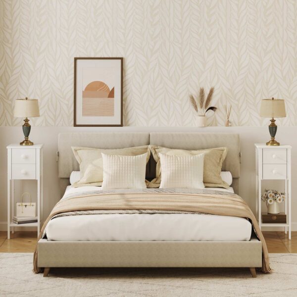 مجموعة طاولة السرير من 2, طاولة سرير ضيقة, طاولة جانبية بيضاء مع 2 أدراج, طاولة صغيرة بجانب السرير مع إطار معدني, فتح الرف, منضدة نحيفة للمساحات الصغيرة, أبيض