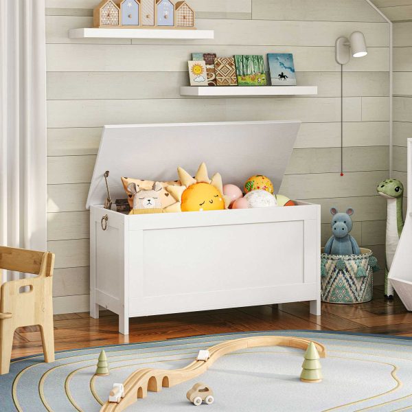 White Wooden Storage Chest with Safety Hinge, Retro Toy Box Organizer, Sturdy Entryway Storage Bench, Easy Assembly