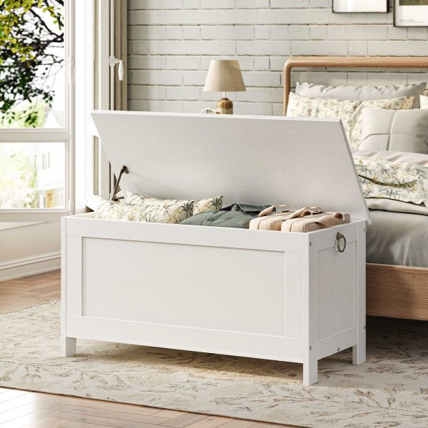 White Wooden Storage Chest with Safety Hinge, Retro Toy Box Organizer, Sturdy Entryway Storage Bench, Easy Assembly
