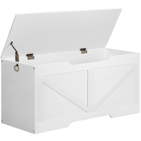 Weiße Spielzeugkiste-Bank aus Holz, 100cm Aufbewahrungstruhe mit U-förmiger Aussparung, Sicherheitsscharnier, 99.8kg Tragfähigkeit, Einfache Montage für die Spielzeugorganisation