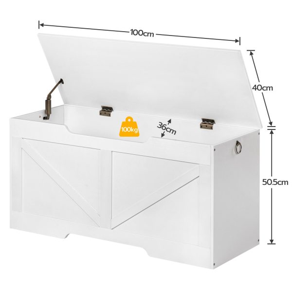 Weiße Spielzeugkiste-Bank aus Holz, 100cm Aufbewahrungstruhe mit U-förmiger Aussparung, Sicherheitsscharnier, 99.8kg Tragfähigkeit, Einfache Montage für die Spielzeugorganisation